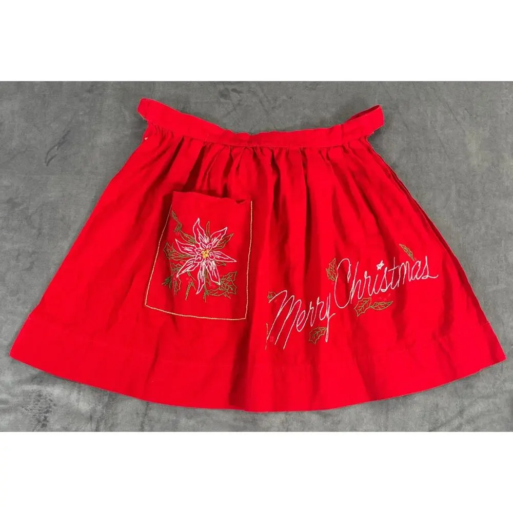 Vintage Lot of 2 Christmas Aprons, 1 Half, 1 Full Embroidered White & Red Chrty